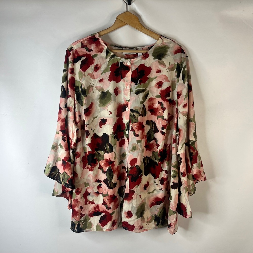 Studio by Denim & Co Blouse Womens 3X Multicolor Floral Button Bell Sleeve Top